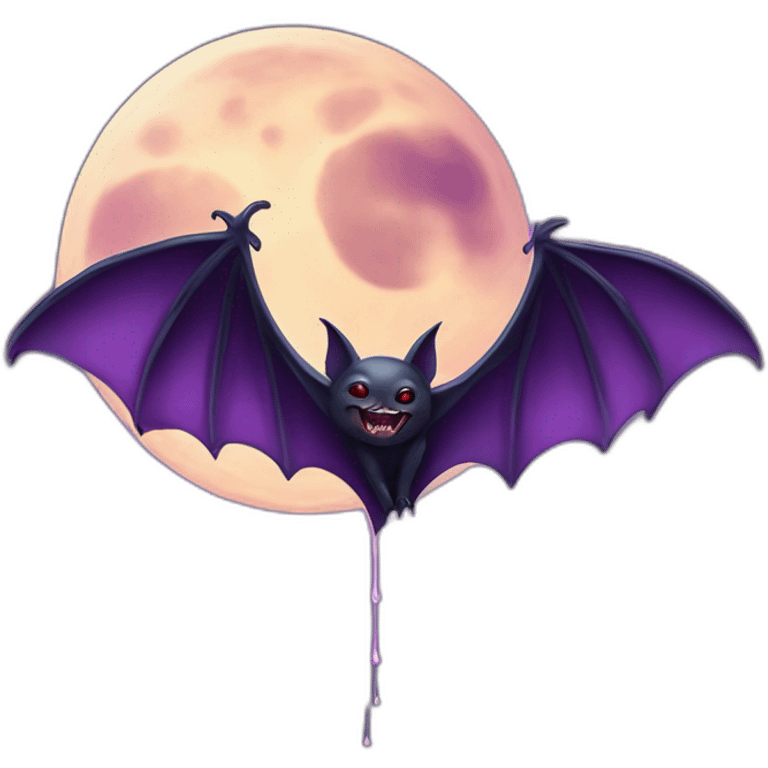 realistic full moon dripping purple with vampire bat wings flying in front emoji