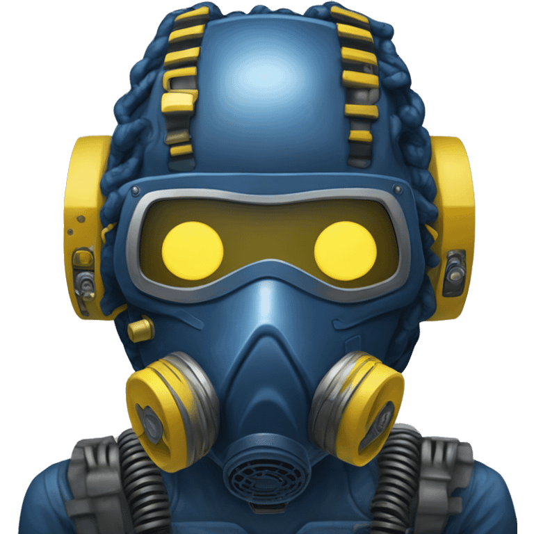 Dark Blue curly hair cyborg head with yellow respirator mask and circuitry emoji