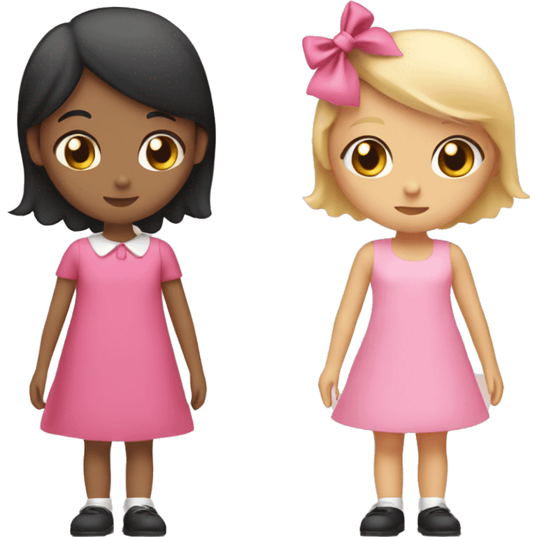 Two girls kissing one girl is blonde and is wearing a pink dress she has black hair and a pink bow the other girl is white and has brown hair with a pink bow and she wears a pink dress emoji