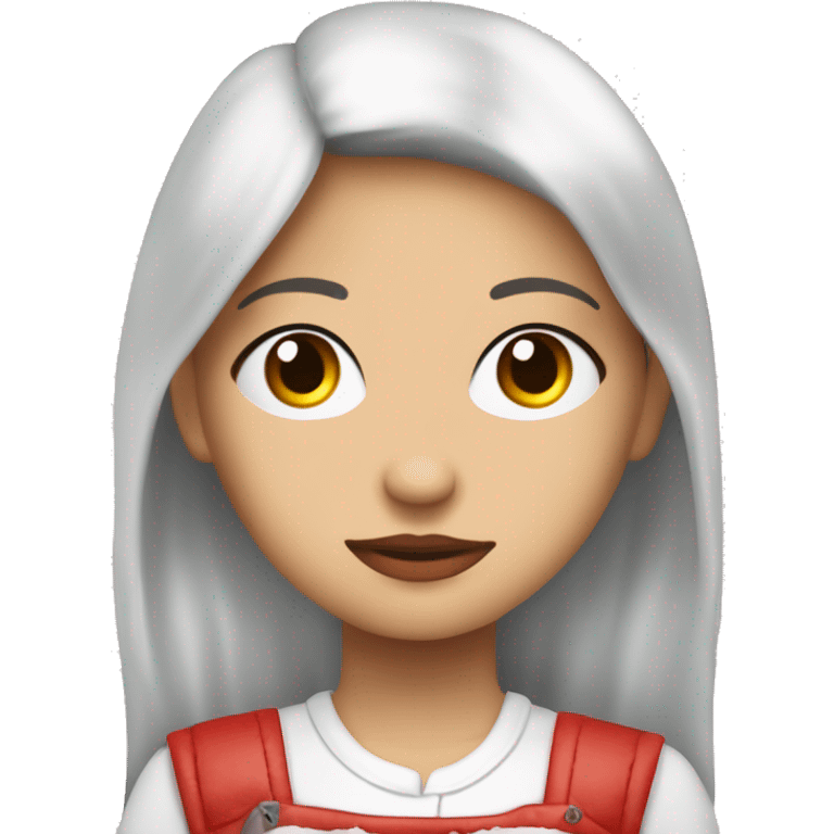 Niña de pelo largo cafe ojos cafe camisa blanca,  que tenga una balaca roja con un moño de piel blanca con pecas en la nariz  emoji