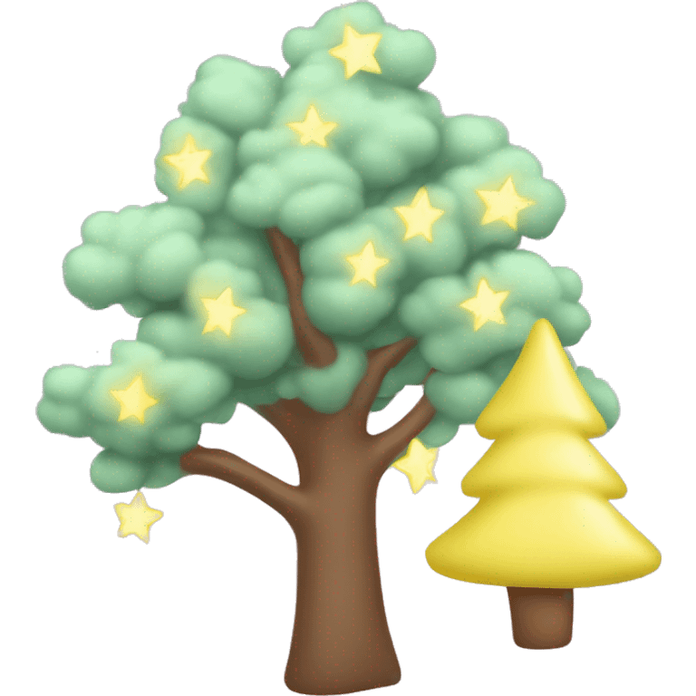 baby pink tree, light green garland, white christmas lights, yellow star on top. emoji