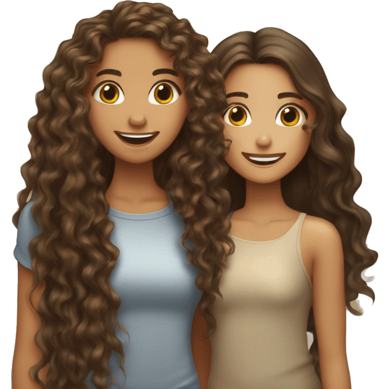 One curly long hair brunette girl with tan skin kissing a long straight hair brunette girl with lighter skin happy   emoji