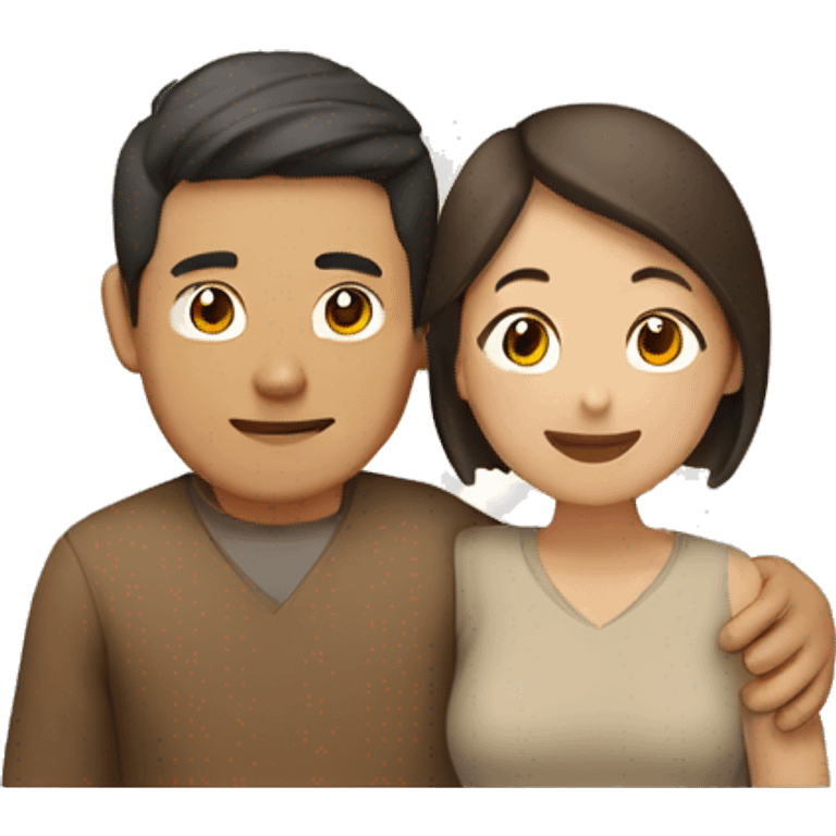 Asian Man brown hair hugging brown tan lady emoji