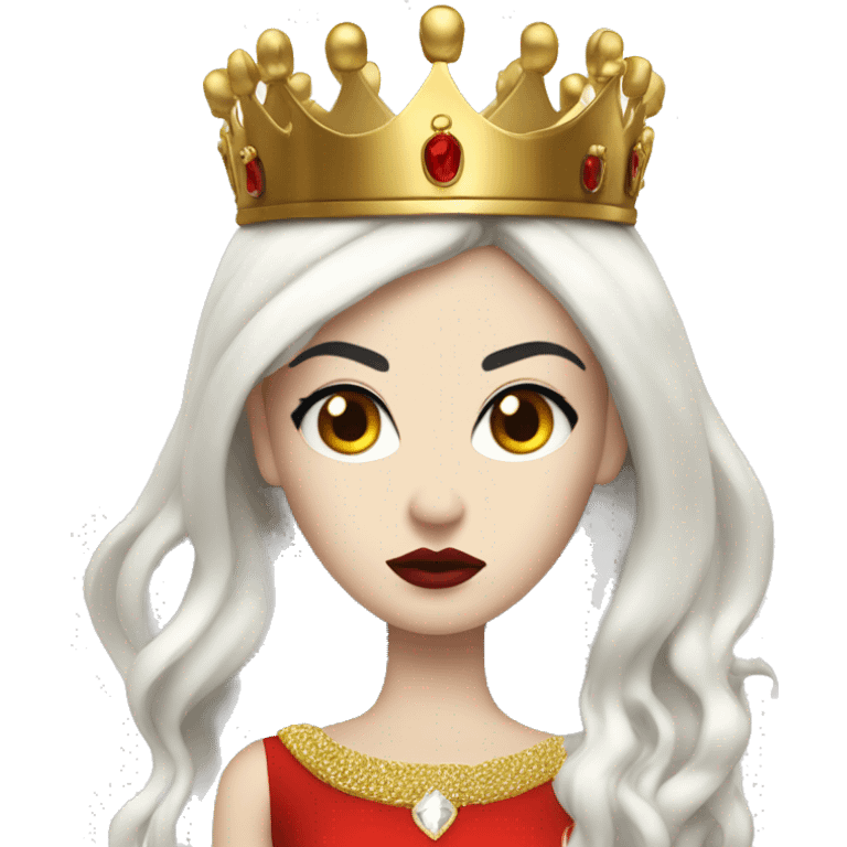 Queen with pale skin, long black hair, bright red lips, skinny gold crown, white dress, and evil stare.  emoji