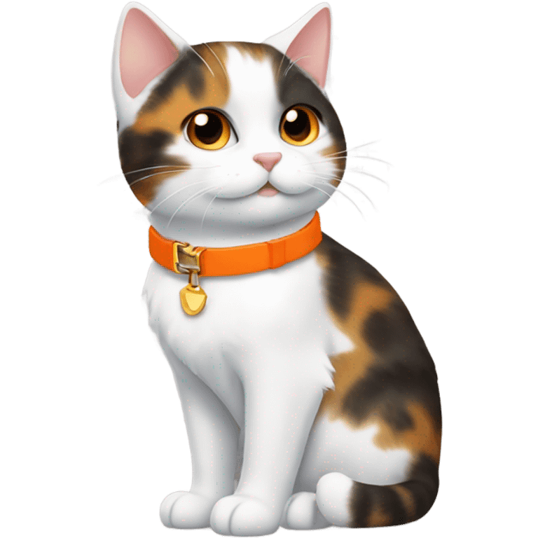 happy cute tortoiseshell white cat with orange cat collar full body from half side perspective  emoji