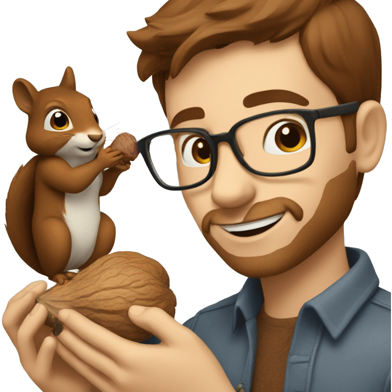 A man with brown hair, glasses and fair skin, feeds a squirrel with walnut emoji