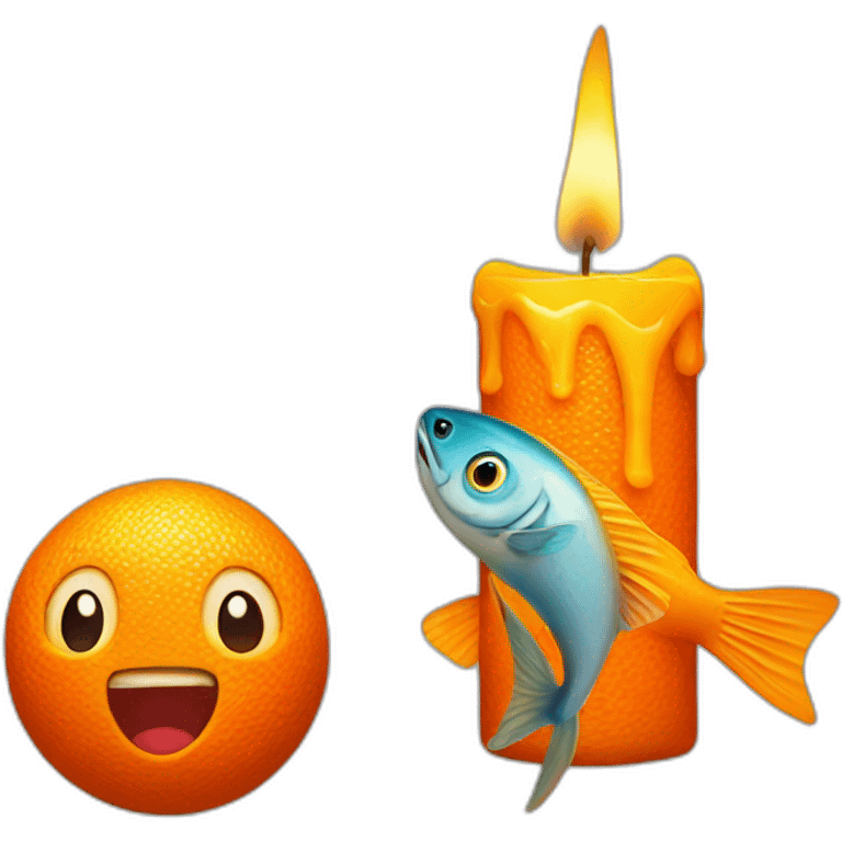 Emoji of a orange candle with a big fish  emoji