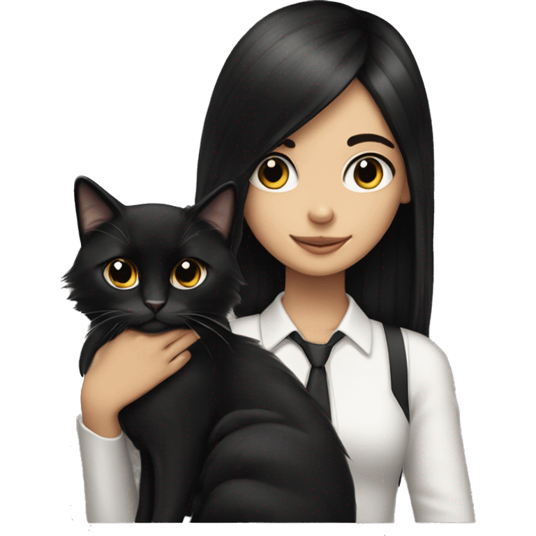 teenage girl with black straight hair holding a longhair very fluffy tuxedo cat emoji