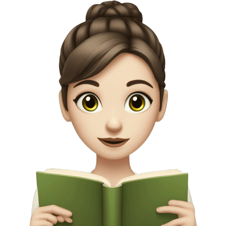 Girl with brown hair in a low bun, wispy bangs, green eyes, pale skin, reading a brown book emoji