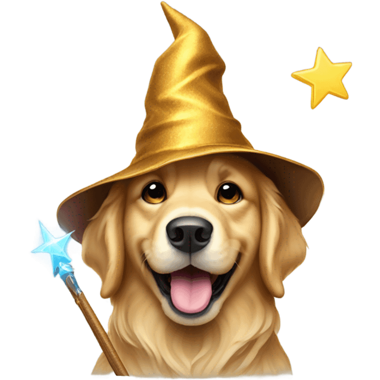 Golden retriever with a wizard hat and wand emoji