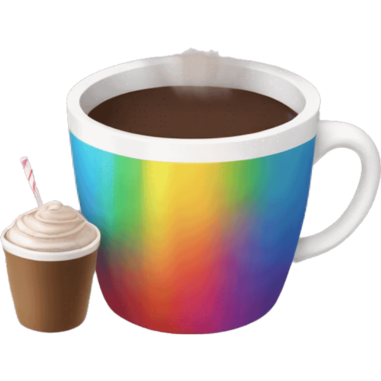 Rainbow coffee cup with hot coco and no face emoji