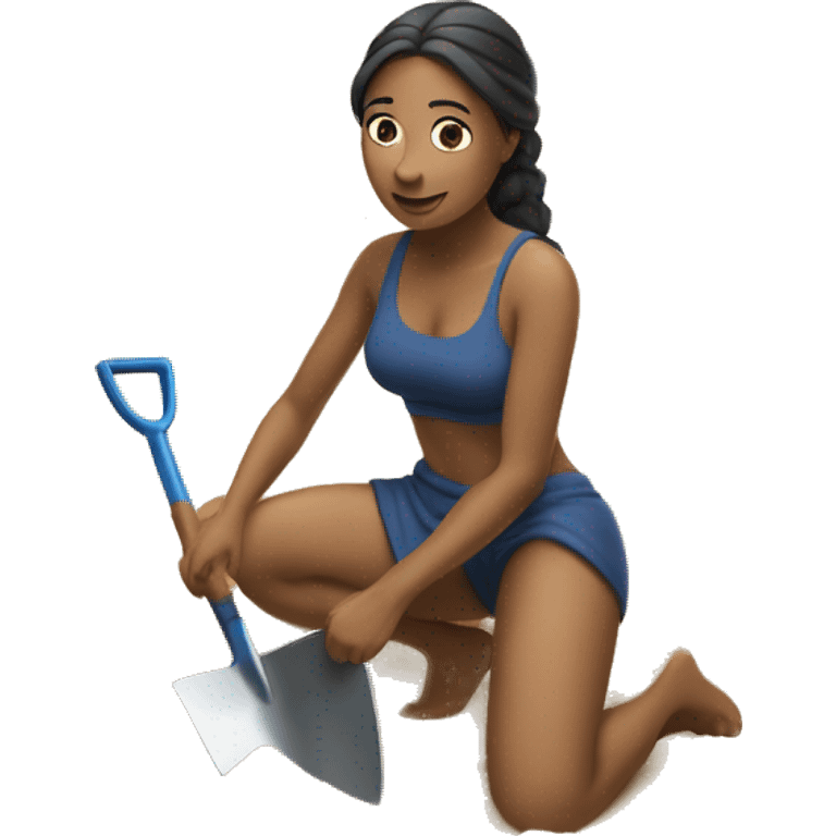 woman kneeling in sand with a shovel in hand emoji