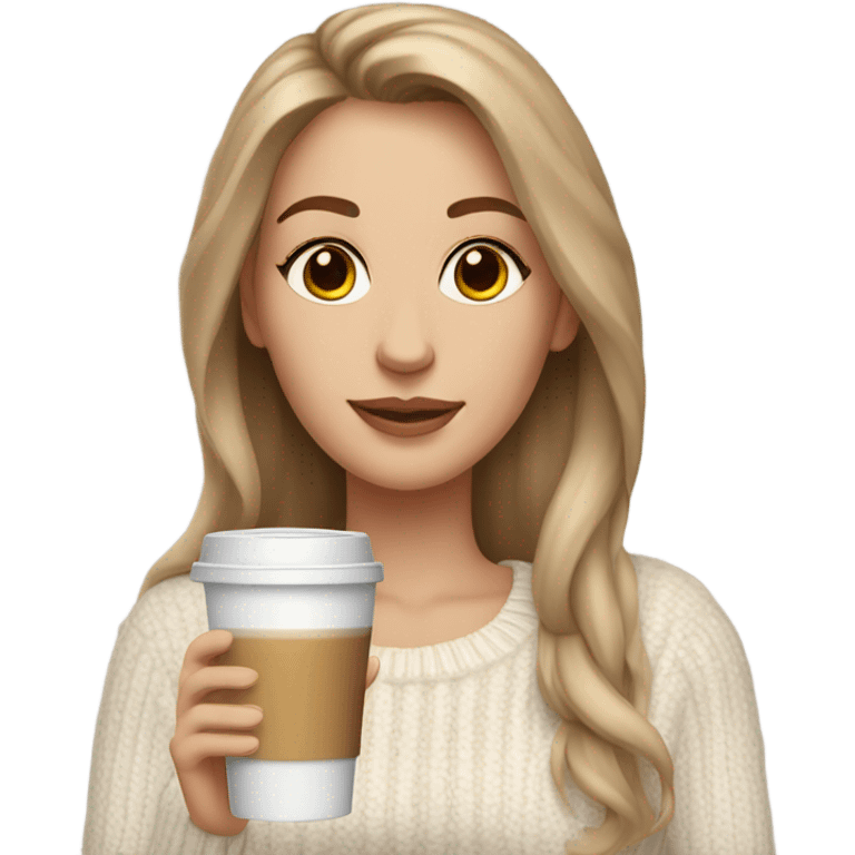 Beautiful white woman mom, long light brown hair, brown eyes, cozy holding an iced coffee, white sweater emoji