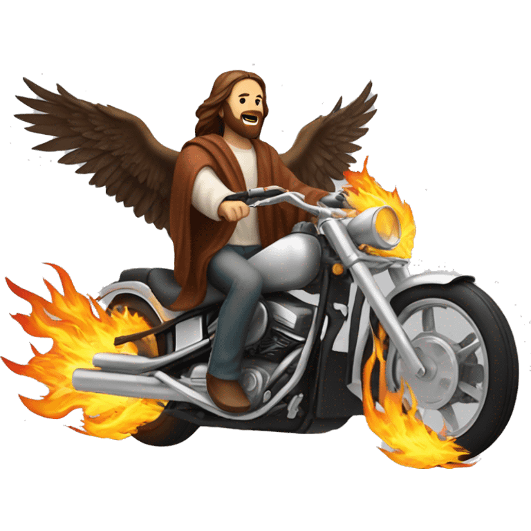 Jesus riding a flaming motorcycle with eagles all round him emoji