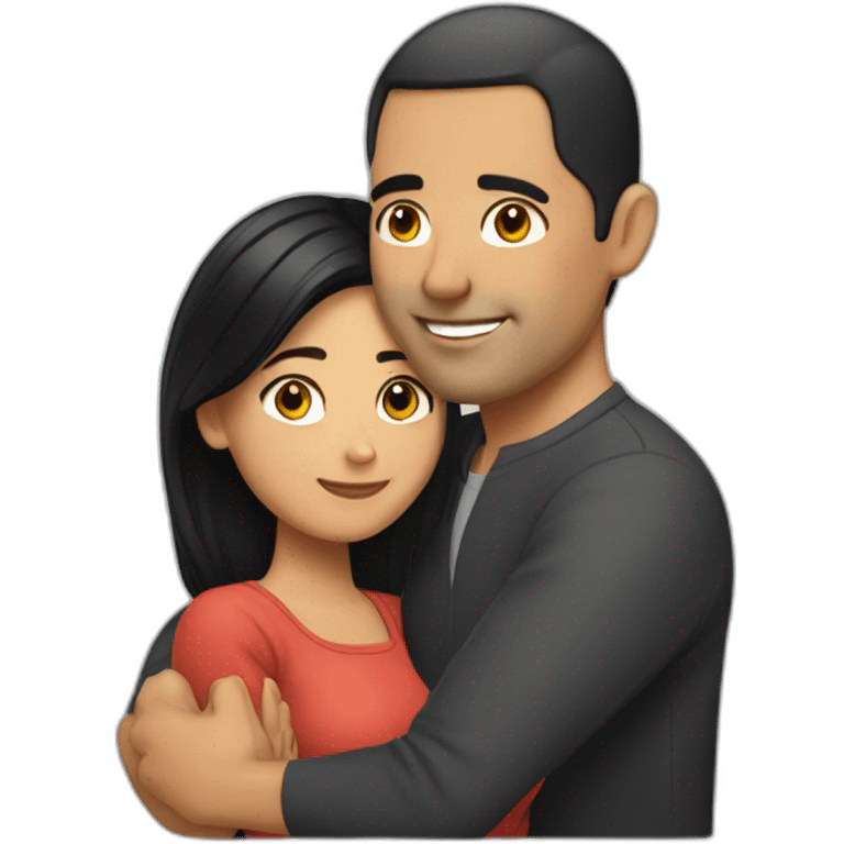 A bald Latino man hugging his black haired wife emoji