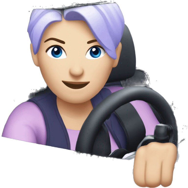 navy blue convertible Mini Cooper, with short, lilac colored haired, blue eyed white woman driving emoji