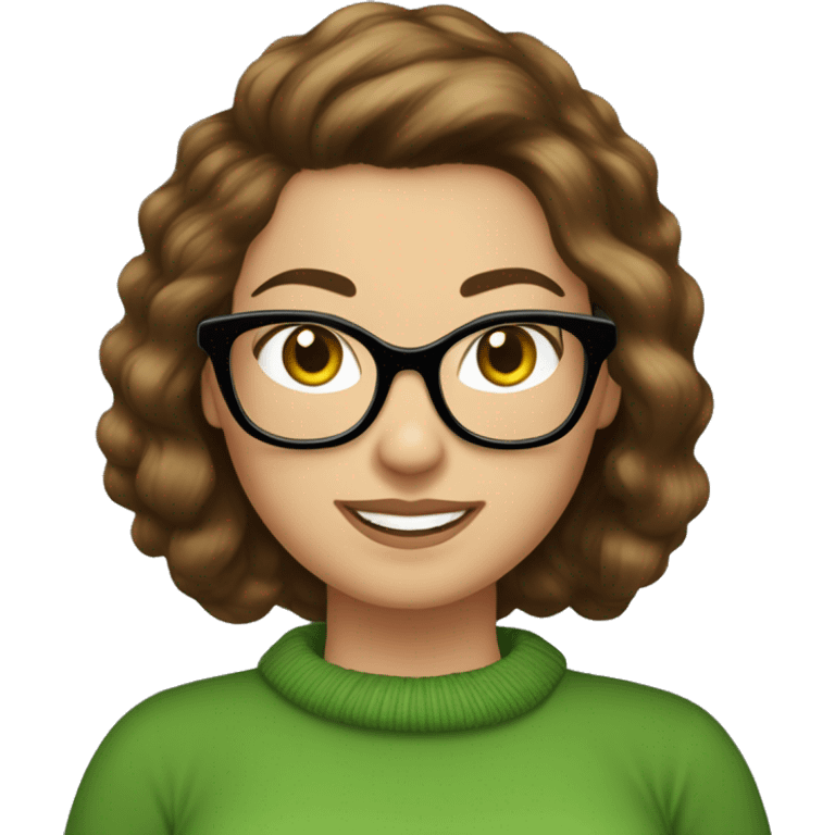 wavey brunet hair, Caucasian woman, fat, cat eye glasses, smiling, wearing a green sweater, transparent background emoji