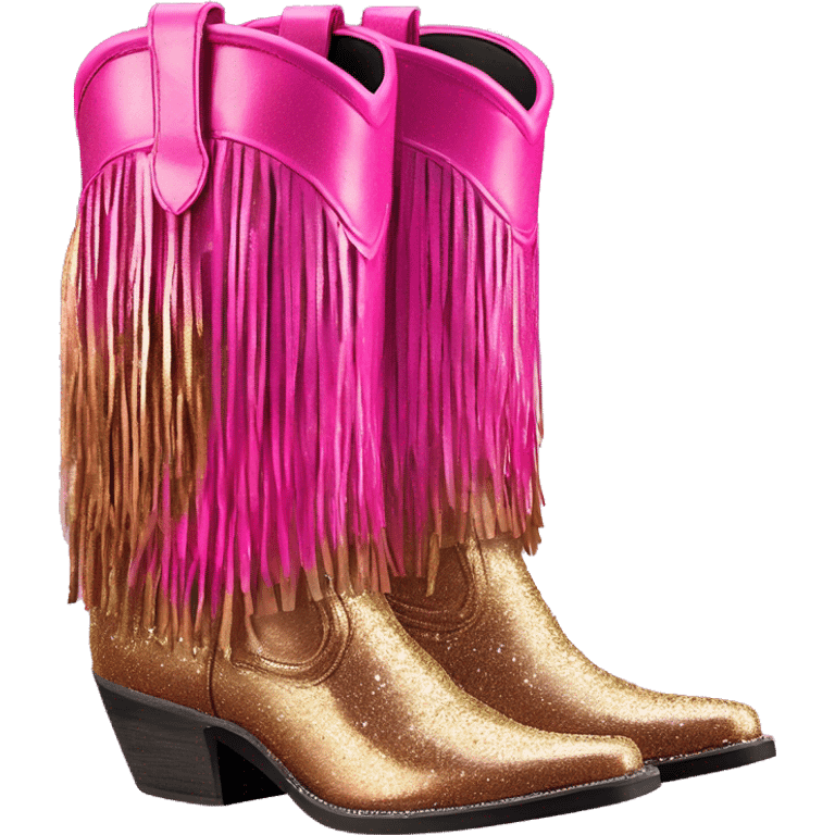 Realistic hot pink to bronze ombre pair of fashion cowgirl boots with sparkly shiny glitter fringe on them. emoji