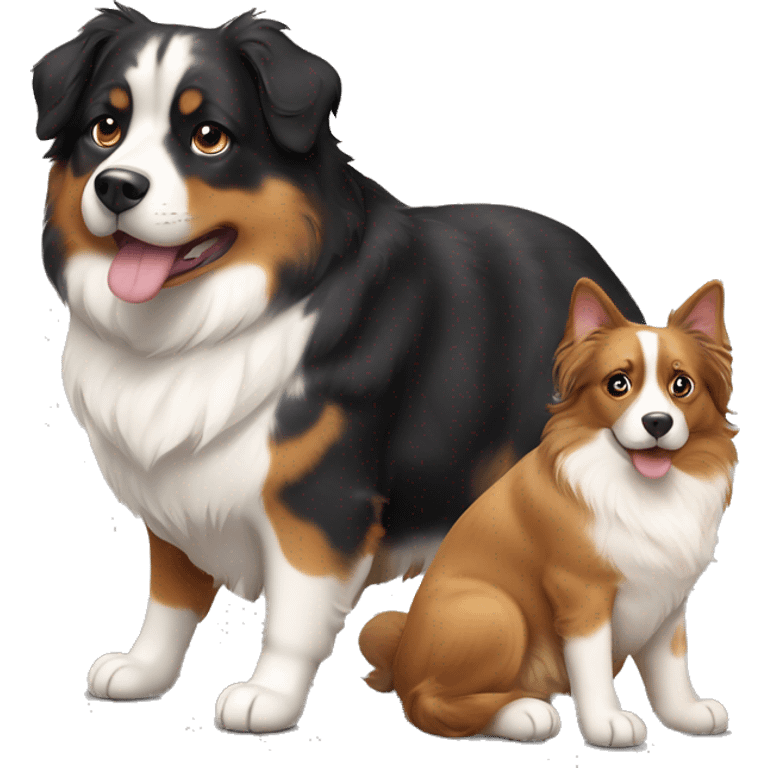 Fat calico cat with a black and tan Australian Shepard dog emoji