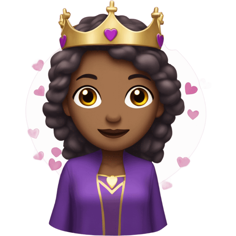 Caucasian long  brunette woman wearing formal royal purple robes and a crown. A burst of hearts are floating around her emoji