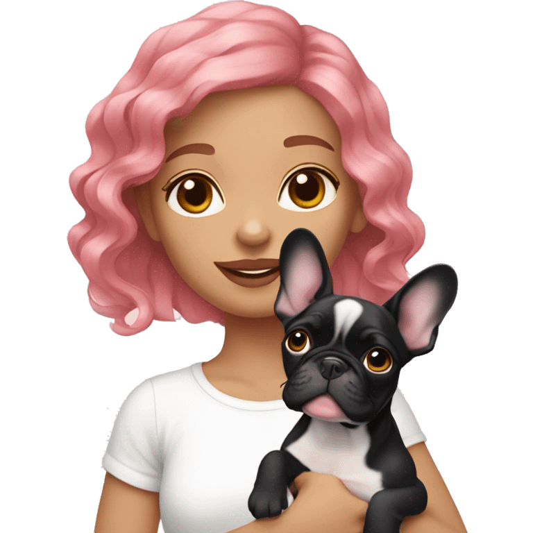  girl with medium pink wavy hair holding a french bulldog puppy  emoji