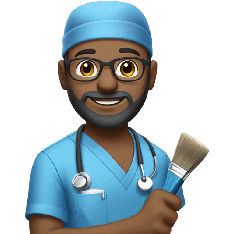 male dark blond haired doctor in scrub cap with grey van dyke beard with hazel eyes and small wire-rimmed glasses in blue scrubs holding a large paintbrush emoji