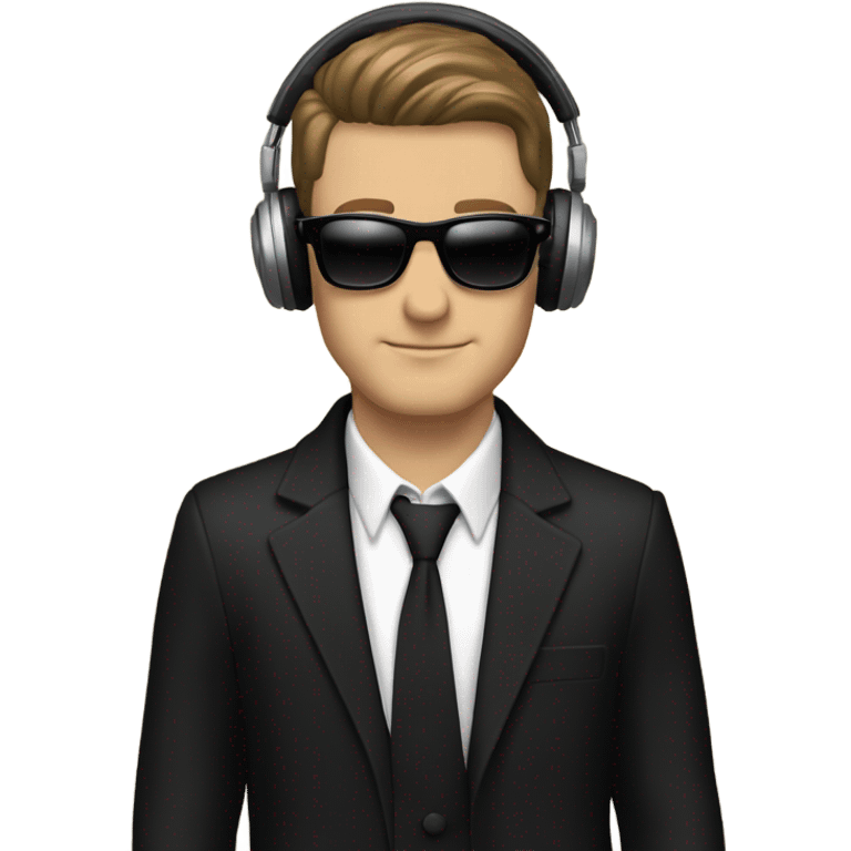 White Man brown hair with sunglasses DJ black jacket skinny tie headphones scratching records emoji