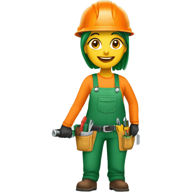 carpenter, woman with hardhat, with screwdriver, green clothing, yellow skin, view only shows head, smiling eagerly, hardhat in orange emoji