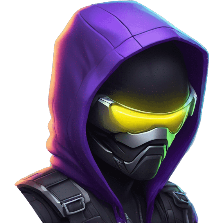 Side view developer behind his laptop with this style : crysis Cyberpunk Valorant neon glowing bright purple character purple violet black hooded assassin themed character emoji