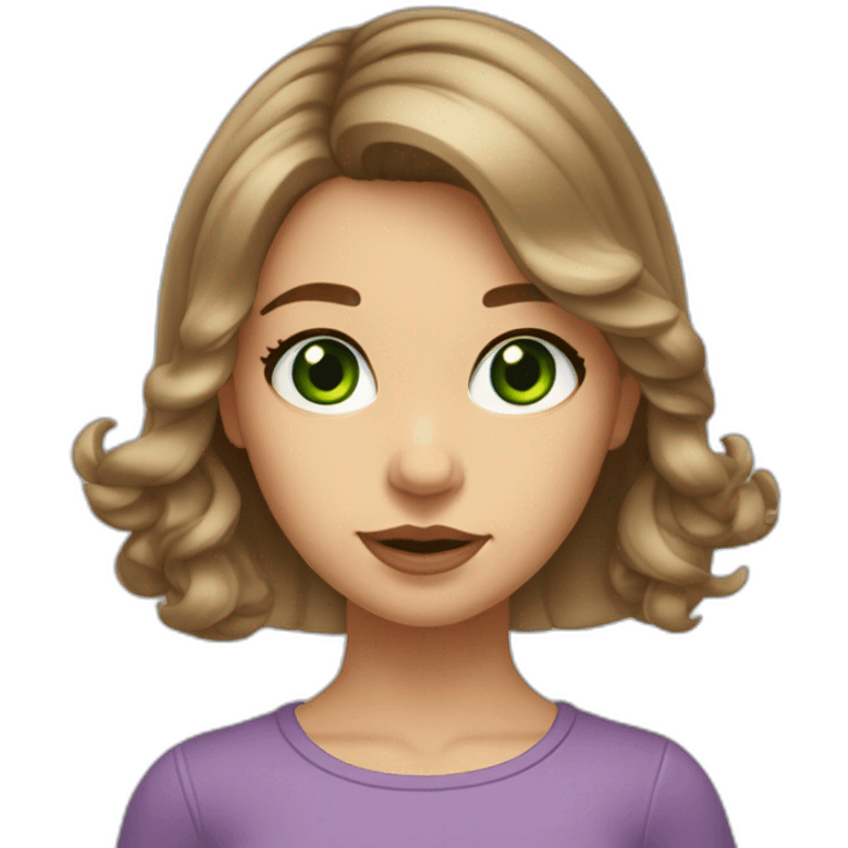 Young girl, green eyes, medium length hair, light brown at the root, light tips. Big bow lips, upturned neat nose emoji