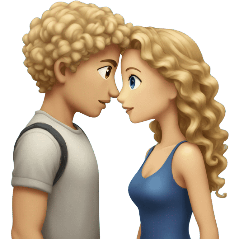 Boy with brown curly hair and brown eyes kissing blond girl with blue eyes  emoji