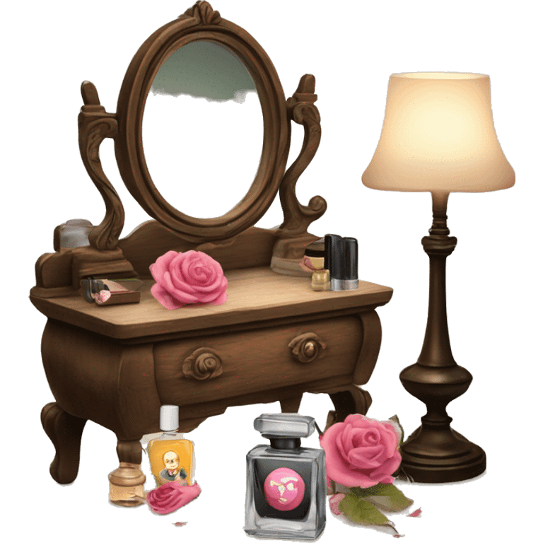 Old wood vanity with vintage makeup and perfume and dead roses in a vase  emoji