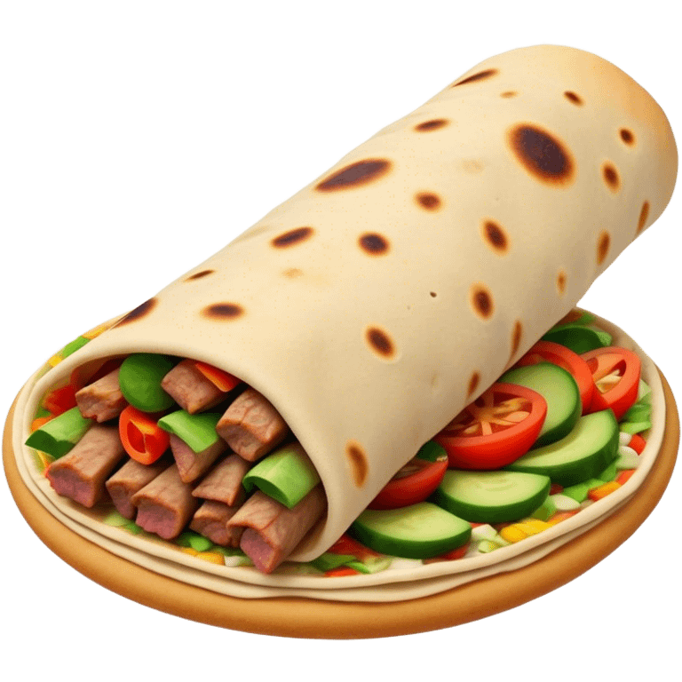 Cinematic Realistic Shawarma Dish Emoji, showcasing spiced, succulent meat wrapped in flatbread with fresh vegetables rendered with lifelike detail and dynamic, appetizing lighting. emoji