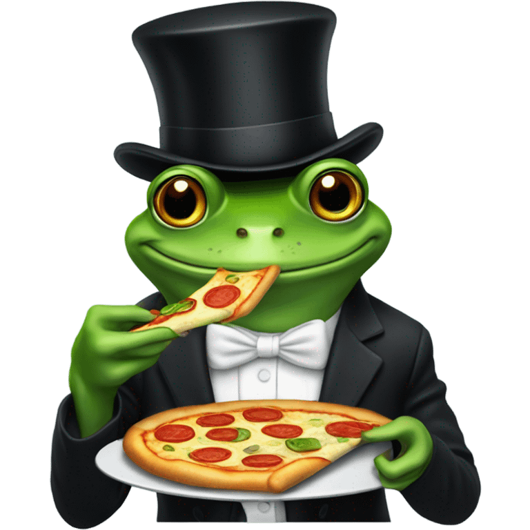 Frog wearing a top hat eating pizza emoji