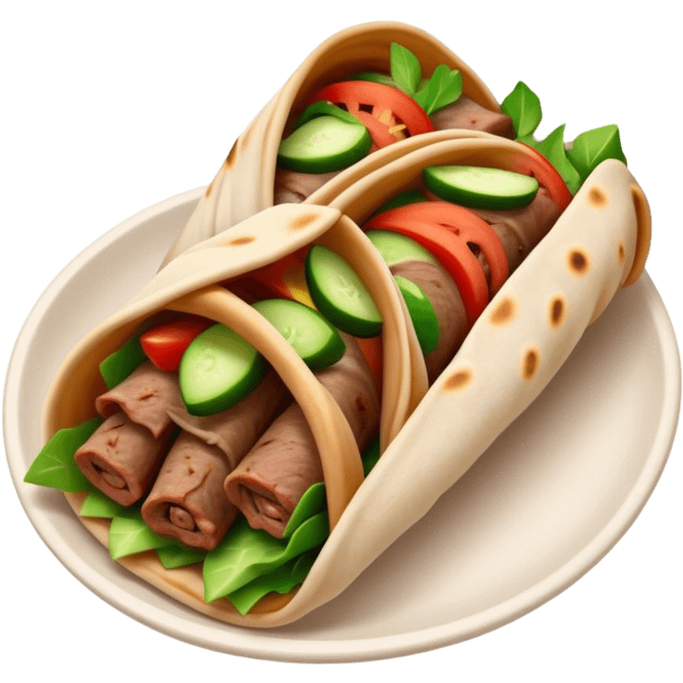 Cinematic Realistic Gyros Dish Emoji, showcasing succulent, spiced meat wrapped in pita with fresh vegetables rendered with lifelike detail and dynamic, appetizing lighting. emoji