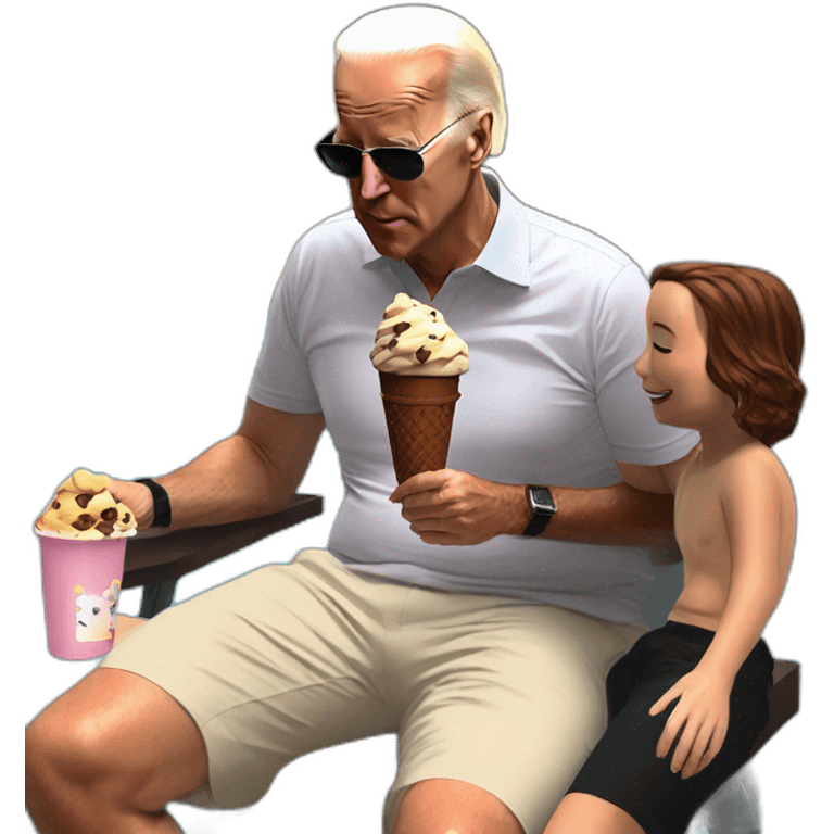 Joe Biden eating chocolate chocolate chip icecream with kids at his legs. Public pool emoji