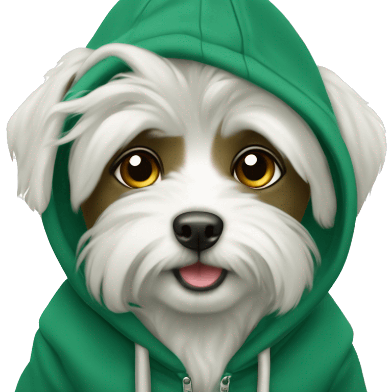 Dog white cute mini maltaise wearing a dark green hoodie  emoji