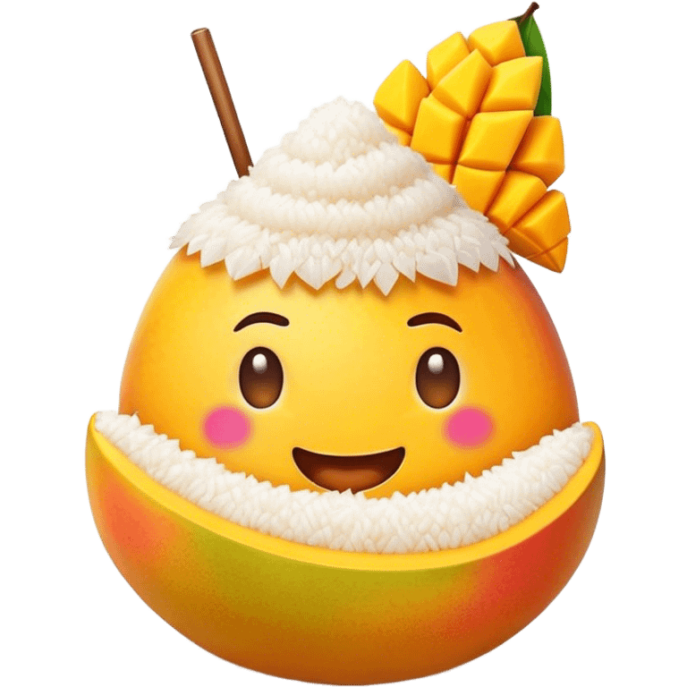 Cinematic Realistic Mango Sticky Rice Dessert Emoji, showcasing sweet sticky rice paired with ripe mango slices and coconut milk rendered with lifelike detail and warm, inviting lighting. emoji