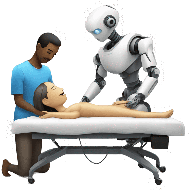 Robot giving massage to human on table emoji