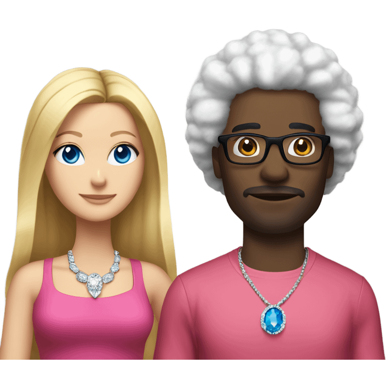 “black man with black afro and glasses and wearing a red shirt standing next to a white woman with long blonde hair with blue eyes wearing a pink dress and a big diamond necklace” emoji