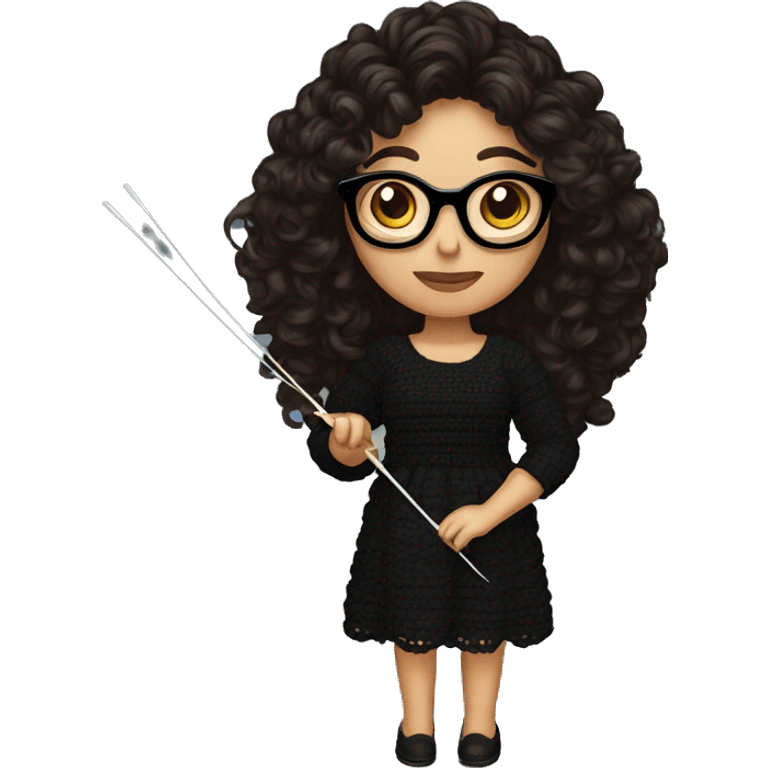 Hispanic woman with black glasses long dark brown curly hair holding crochet needle with yarn wearing a black dress emoji