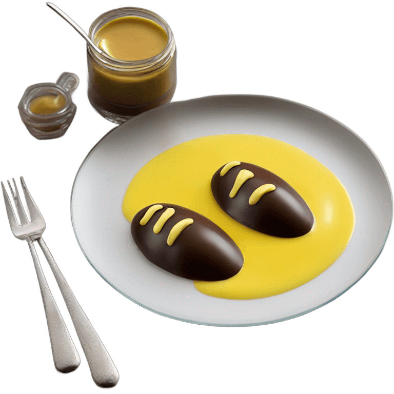 1 Chocolate quenelle and 1 vanilla quenelle on glass plate with 3 small drops of yellow sauce emoji