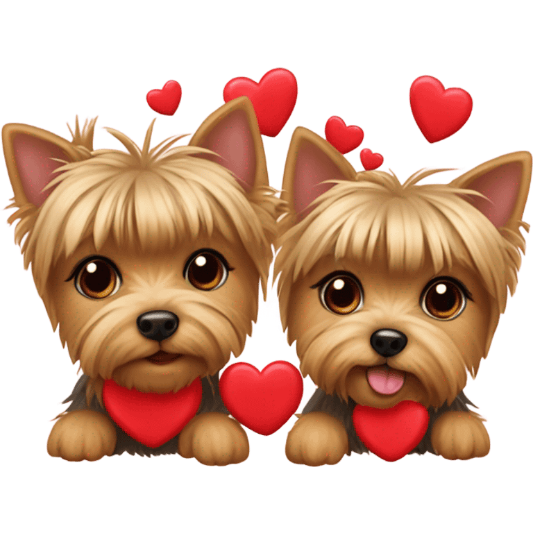 Boy and girl Yorkshire terriers holding hearts emoji