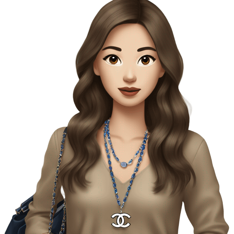 Realistic brown hair blue eyes Chanel Asian Girl with Birkin bag and Chanel necklace emoji