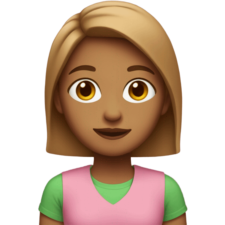 Light brown girl with below shoulder length hair wearing pink t-shirt with green trim  emoji