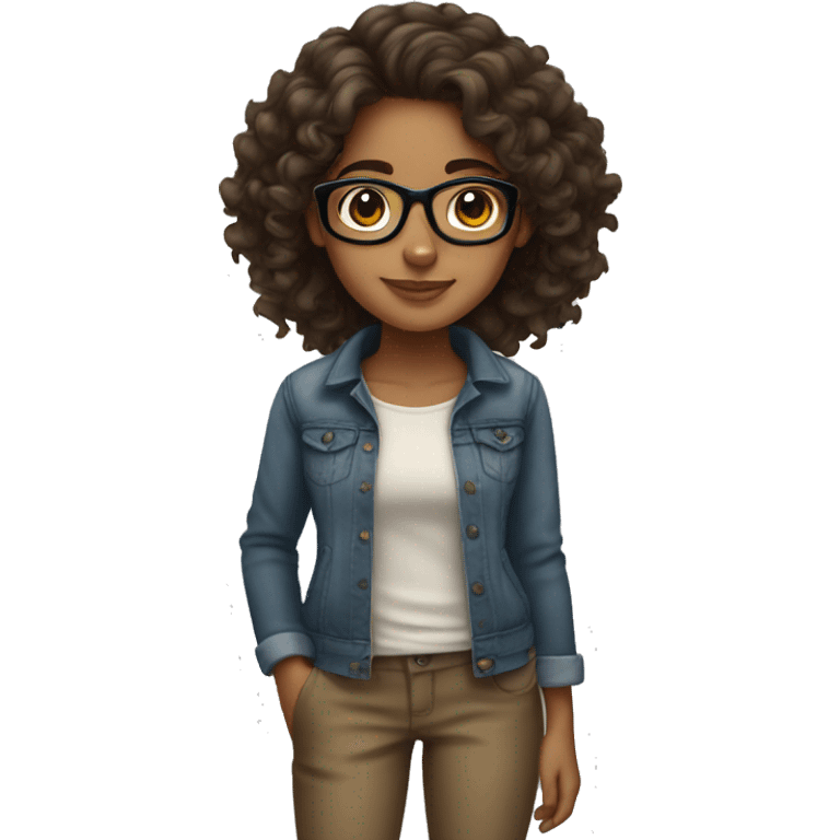 Hispanic brown skin girl with long curly hair and glasses emoji