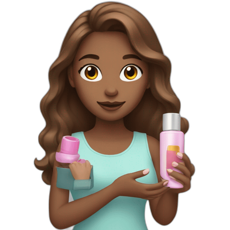 brown-haired girl holding cosmetic products in her hands emoji