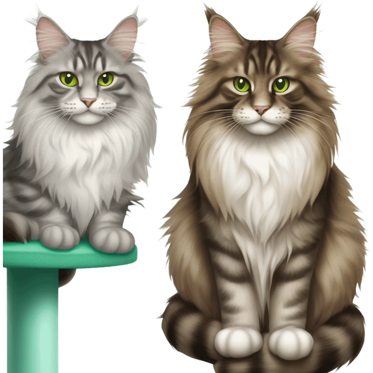 Two Maine coon cats sitting in cat tree emoji