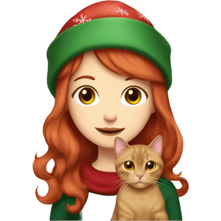 cherry red hair cute girl holding burmese brown cat in christmas cap emoji