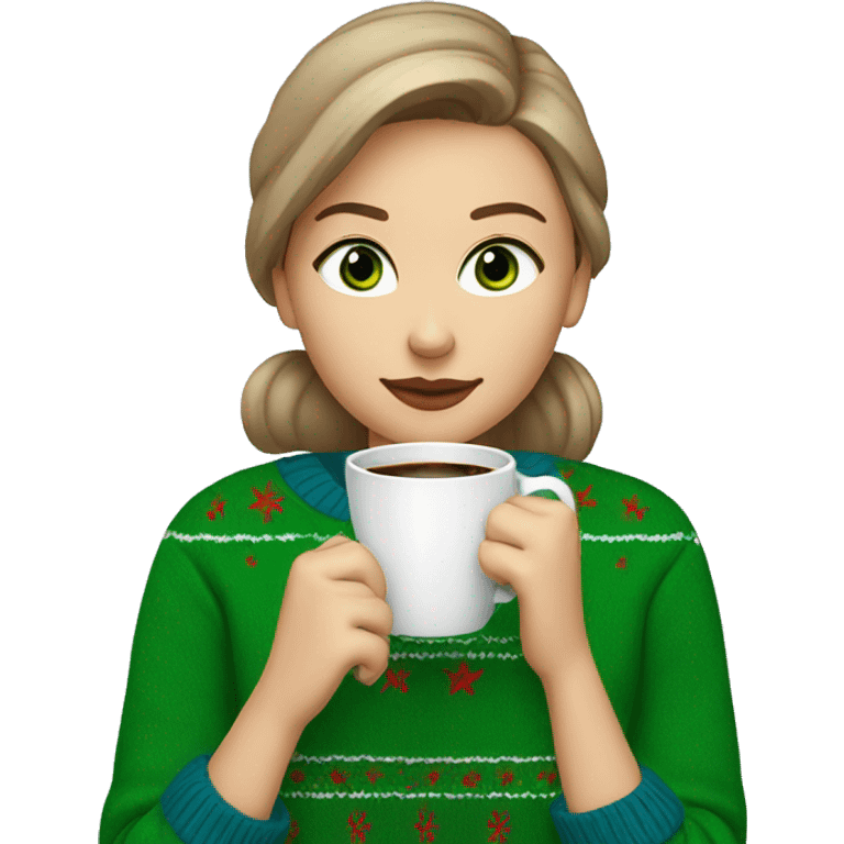 Light brown short haired girl with green eyes drinking coffee wearing blue Christmas sweater emoji